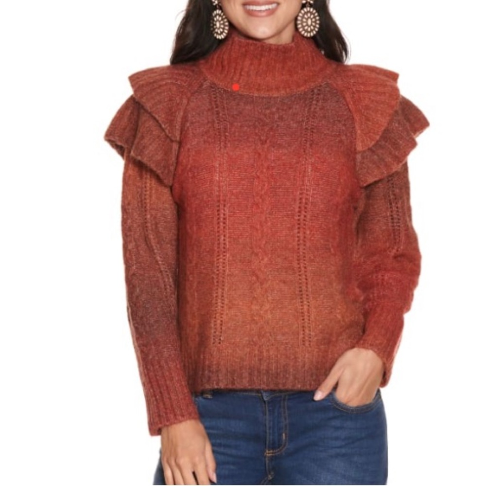 Vigoss Ombre Turtle-Neck with Shoulder Ruffle Sweater - Picture 6 of 7
